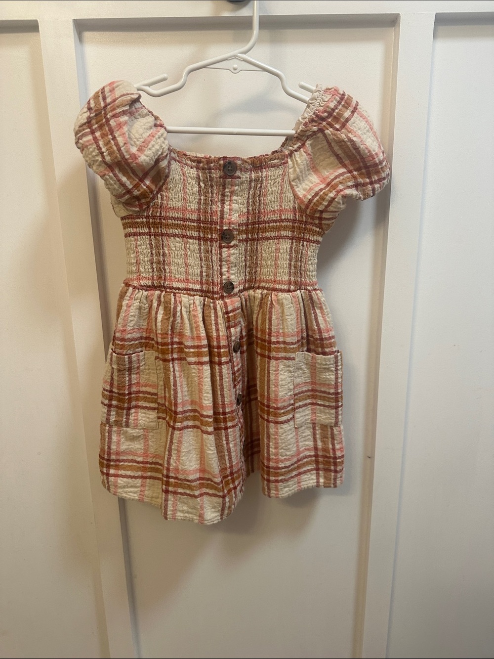 Cat & Jack Girls Cream and Rust Plaid Puff-Sleeve Dress